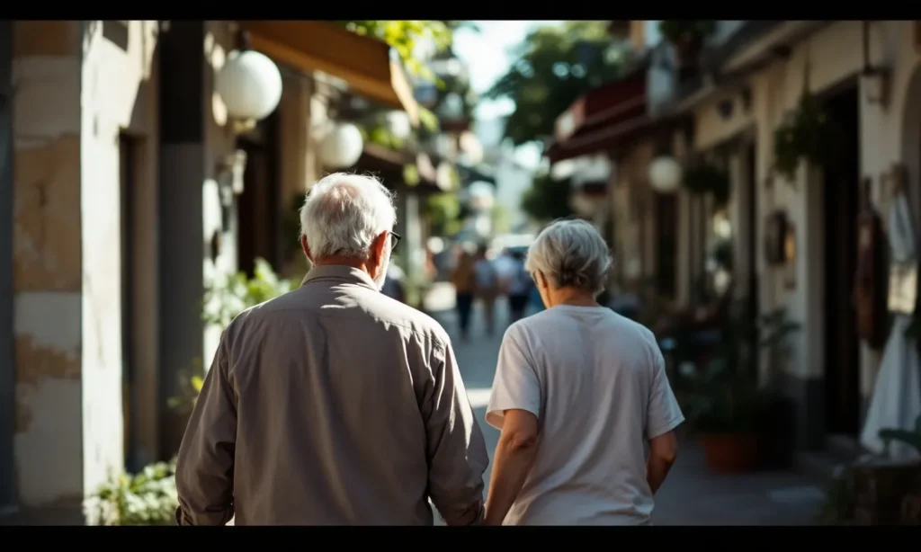 Casal caminhando por uma rua de comércio de bairro no fim da tarde