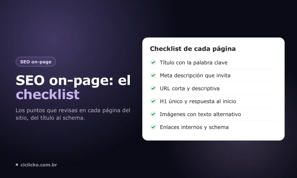 Checklist de SEO on-page con título, meta descripción, URL, H1, imágenes, enlaces internos y schema