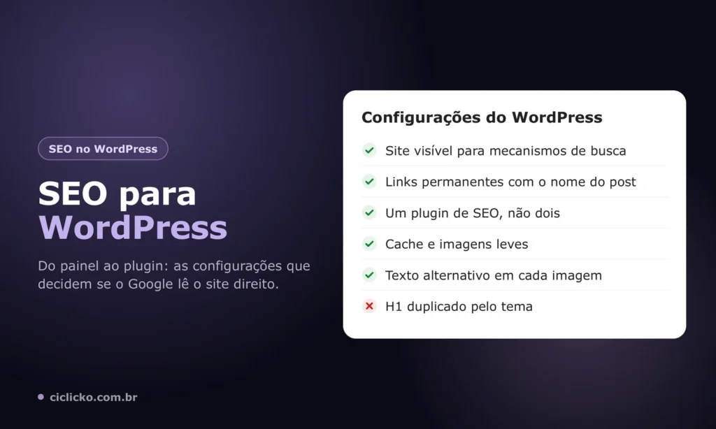 Lista de configurações de SEO no WordPress, do painel ao plugin, com o erro de H1 duplicado