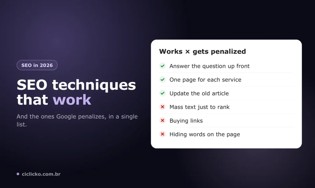 SEO techniques that work and techniques Google penalizes, marked with check and cross
