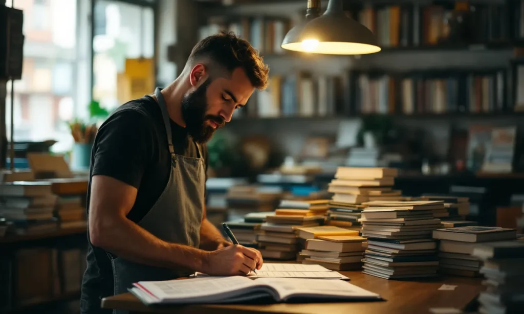 Livreiro anotando ideias numa folha impressa no balcão da livraria