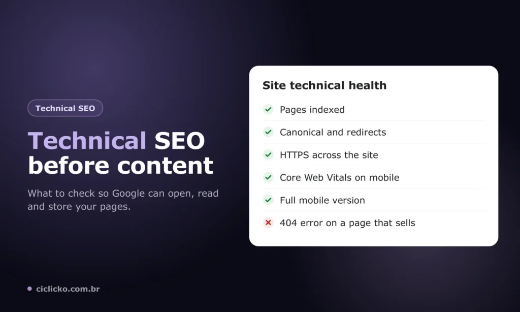 Technical SEO checklist with indexing, canonical, HTTPS, Core Web Vitals and mobile version