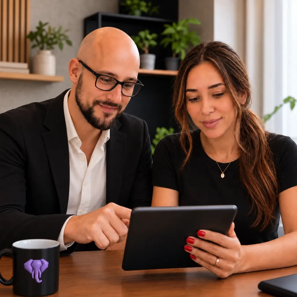 Thiago Rodrigues e Bianca Rodrigues, cofundadores da Ciclicko Digital, analisando resultados num tablet