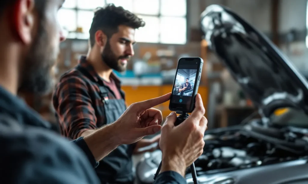 Mecânico gravando um vídeo explicativo ao lado de um carro na oficina
